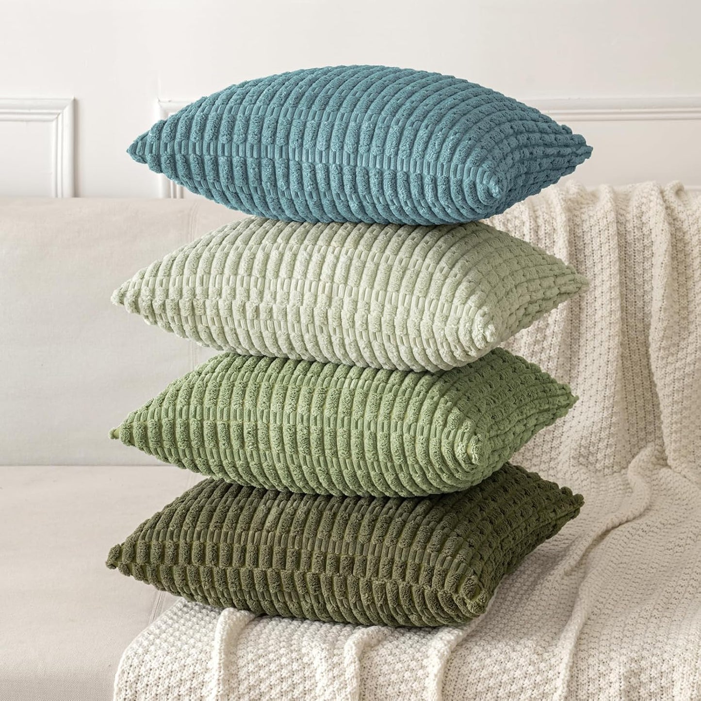 MIULEE Corduroy Throw Pillow Covers - Soft Boho Striped Design, 16x16 Inch, Coastal Blue for Modern Home Decor
