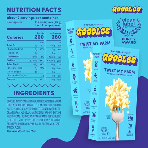 Goodles Twist My Parm Asiago and Parmesan with Spirals - Nutrient Packed with Real Cheese, Fiber, Protein, Prebiotics, Plants, & Vegetables | Non-GMO, Organic Ingredients [Twist My Parm, 6 oz. 1 Pack]