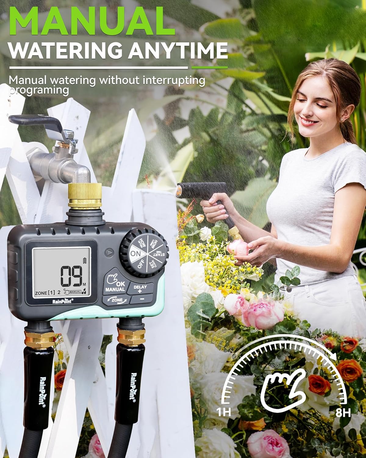 RAINPOINT Water Timer for Garden Hose - Programmable Sprinkler Timer with Brass Swivel | 2 Outlets for Automatic Irrigation