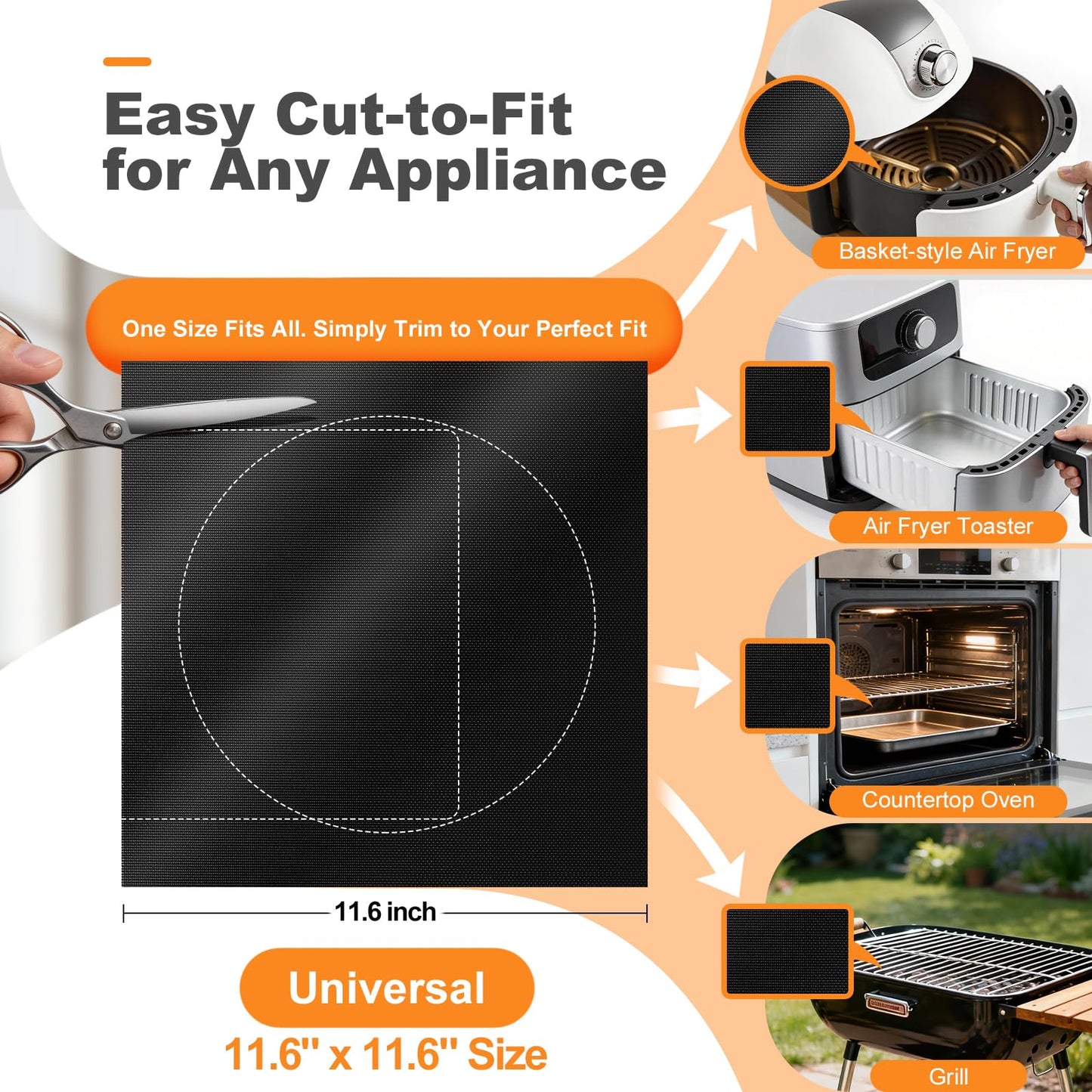 Updated 4 Pack 11.6"x11.6" Toaster Oven Liners for Bottom of Oven, Reusable Non-Stick Heat Resistant Air Fryer Liners, Compatible with Ninja, Breville, Cuisinart, Cosori, Black & Decker, Emeril