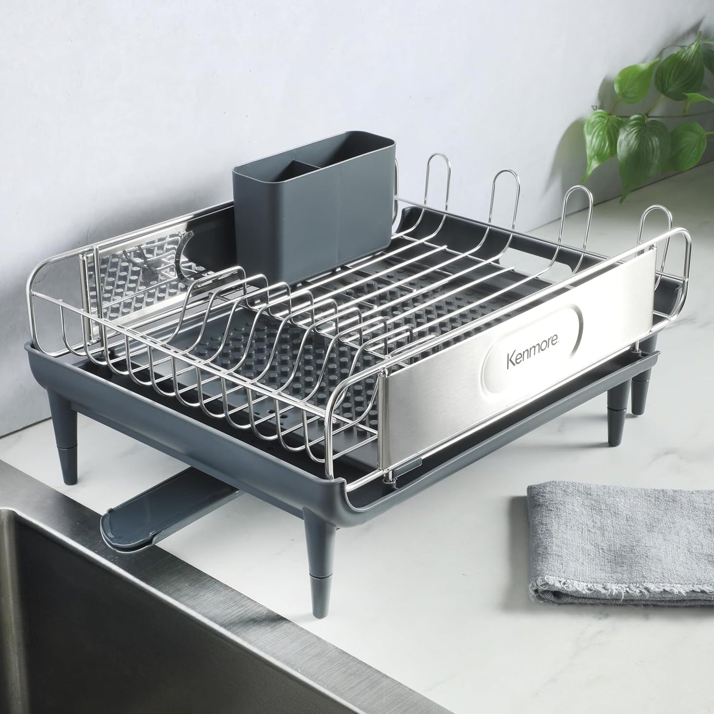 Kenmore Expandable Full Size Dish Rack - Rust Resistant with Drain Board & Flatware Caddy