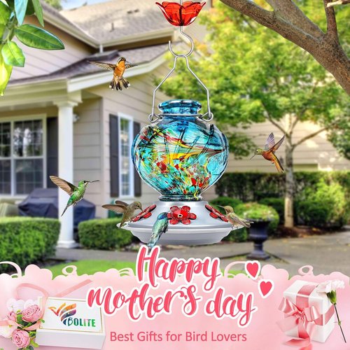 BOLITE Hummingbird Feeder - Hand Blown Glass Design with 5 Bee-Proof Ports | 22oz Blue Peony Gift