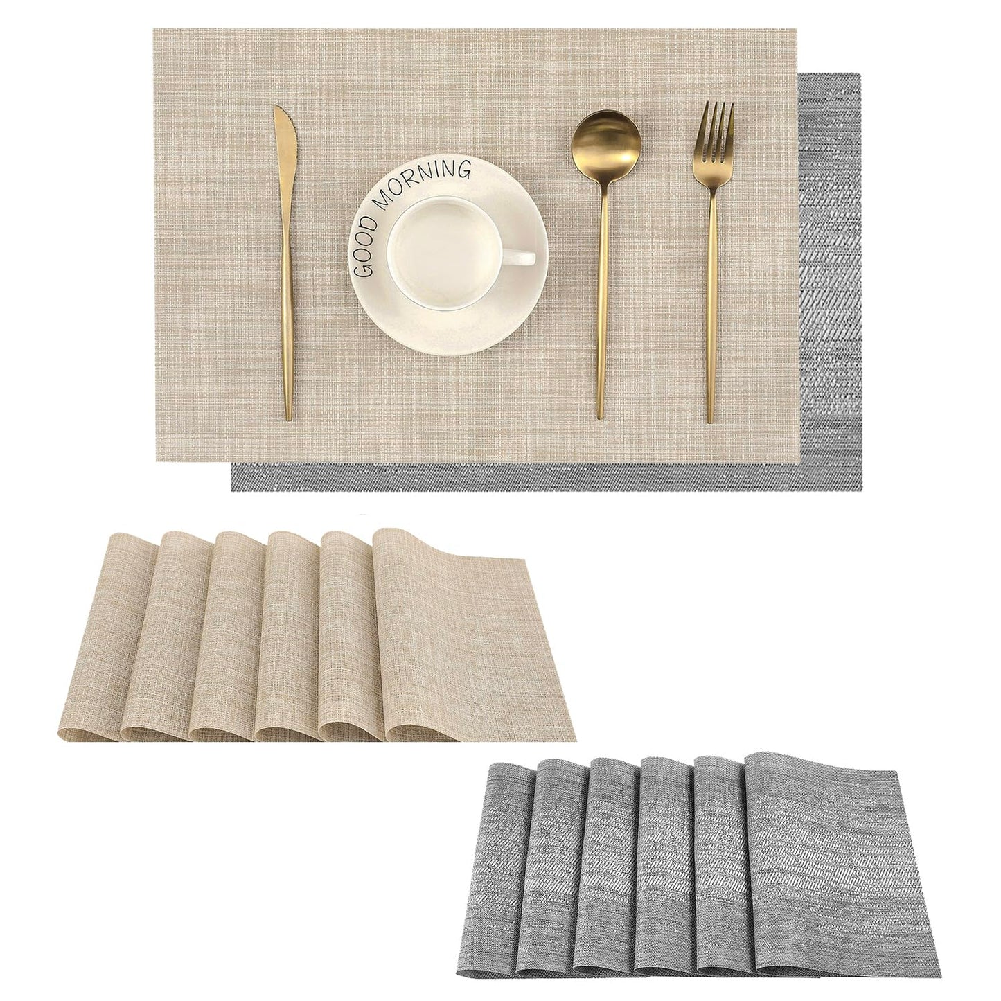 Leetaltree 6PC Grey& 6PC Beige Placemats Set of 12 - Heat Resistant Non-Slip Place mats for Dining Table, Washable Durable PVC Vinyl Woven Table Mats（6PC Grey&6PC Beige）, Grey&beige