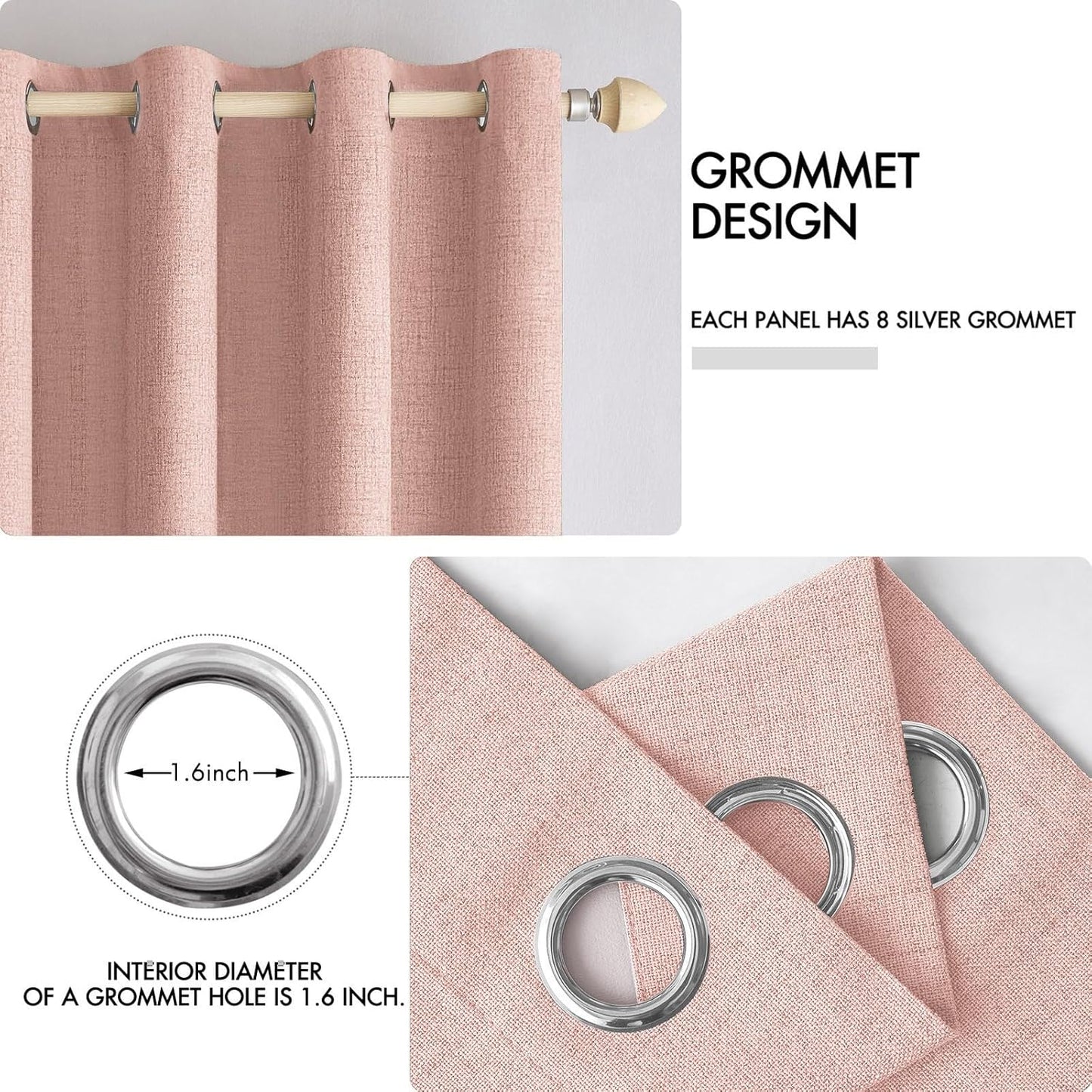 MIULEE Blackout Linen Curtains - 100% Thermal Insulated Blush Pink Drapes | Room Darkening 52 x 63 Inch (2 Panels)
