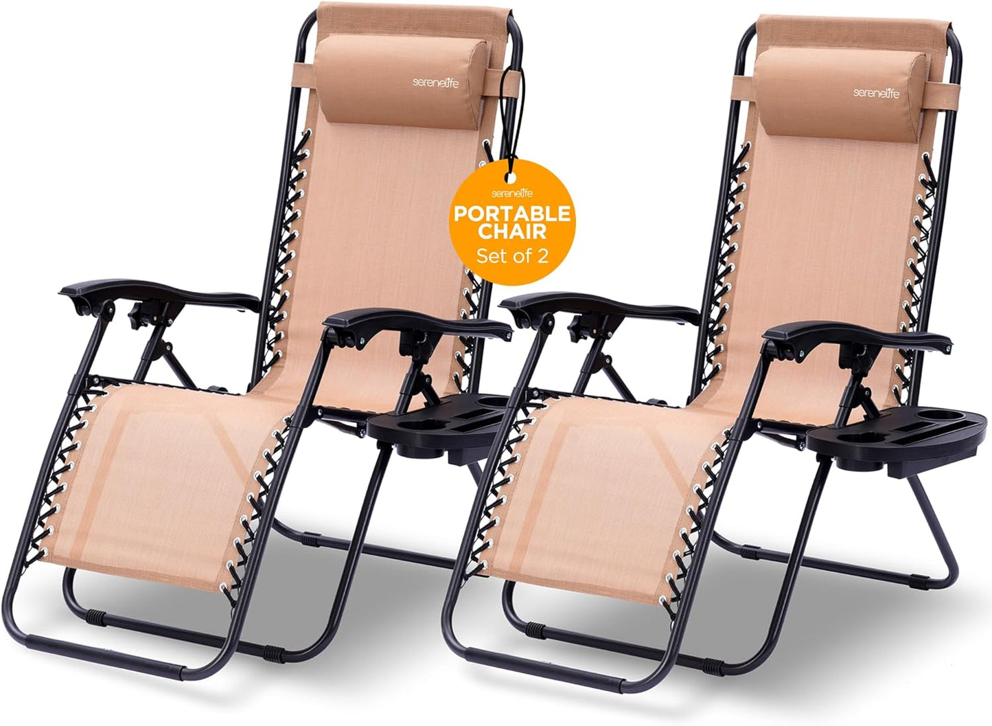 SereneLife Zero Gravity Lounge Chairs 2-Pack - Adjustable Folding Recliners with Cup Holder & Side Table - Cream for Patio, Lawn & Garden