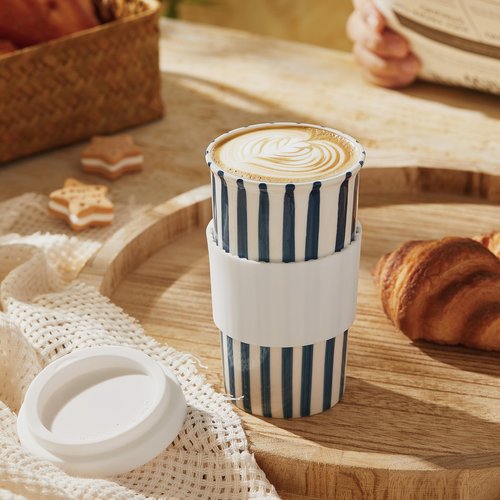 GIROFLIER Ceramic Travel Mug with Lid (12 oz) – Cute Aesthetic Coffee Cup for Women & Men, Microwave & Dishwasher Safe, Spill-Resistant To Go Tumbler, Fits Car Cup Holder (Blue)