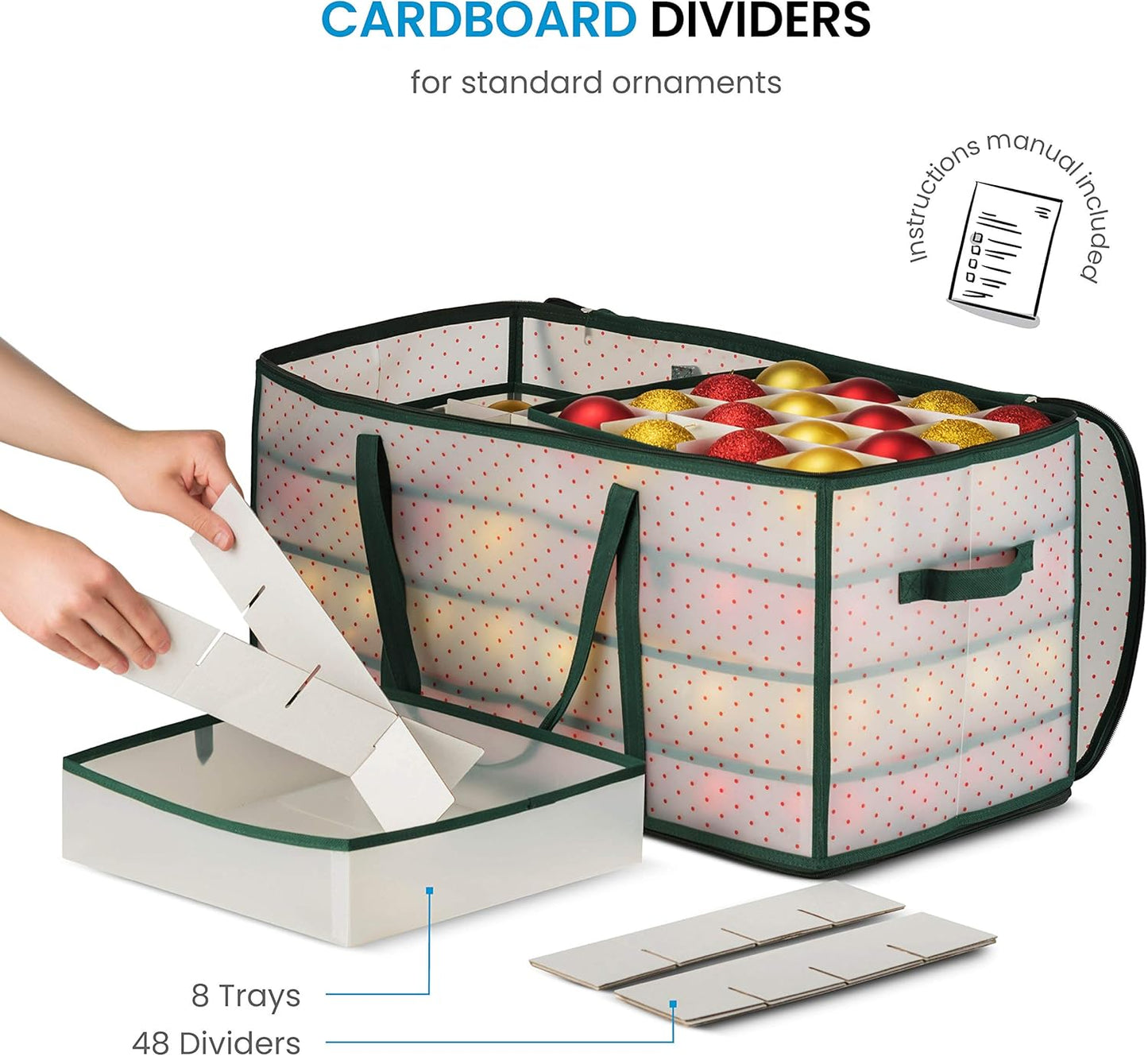 ZOBER Christmas Ornament Storage Box - Durable Organizer for 128 3" Ornaments | Green with Individual Trays