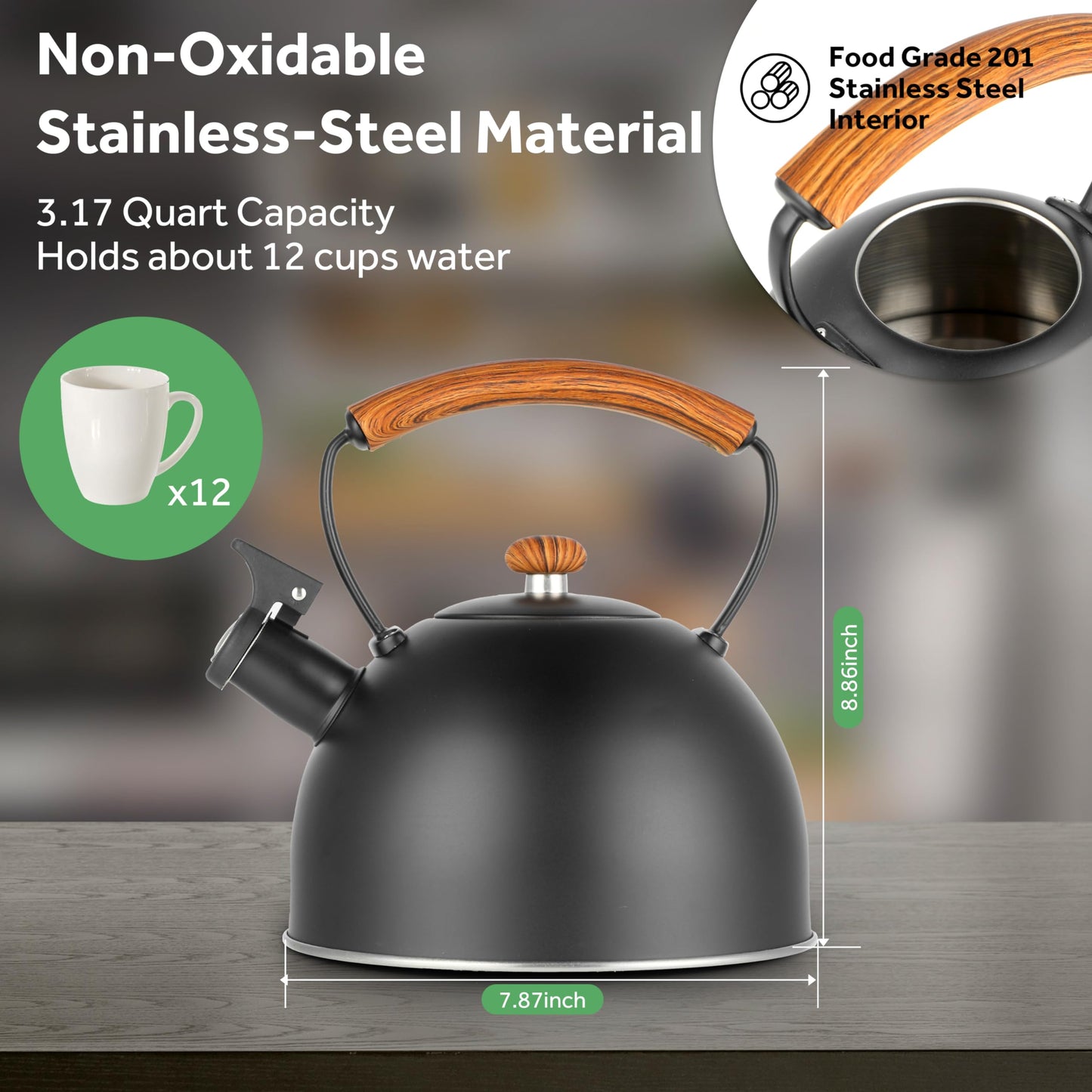Whistling Stovetop Tea Kettle, 3.2 Quart Stainless Steel Teapot with Cool Touch Ergonomic Handle, Hot Water Fast to Boil, Black