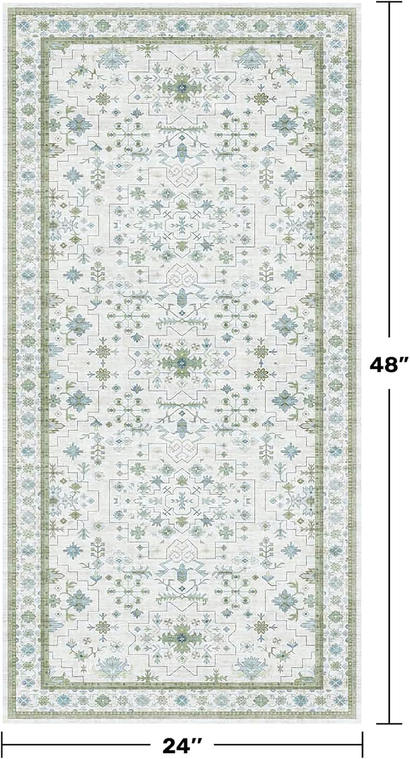 Oushak Boho Bathroom Rug - Cream Green & Blue Floral Design, Washable Low Pile, Non-Slip Rubber Backing, Small Size