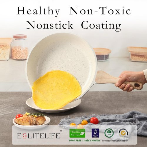 ESLITE LIFE Nonstick Ceramic Frying Pans Skillets Set with Lids, Non-Toxic Egg Omelette Kitchen Cooking Pans Compatible with All Stovetops (Gas, Electric & Induction), PTFE & PFOA Free (White)