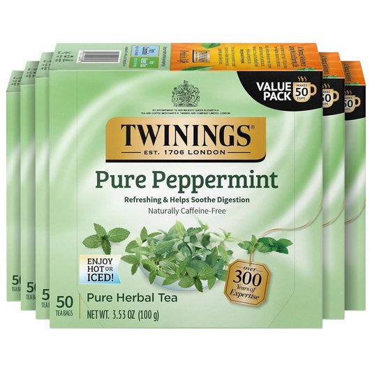Twinings Pure Peppermint Herbal Tea - 50 Individually Wrapped Bags | Fresh Minty Flavor, Caffeine-Free