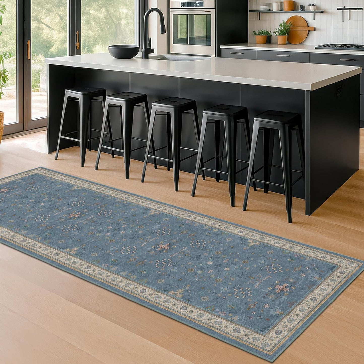 Light Blue Kitchen Runner Rug - Washable Non-Slip Boho Design for Hallway & Bedroom | 2x7 Size