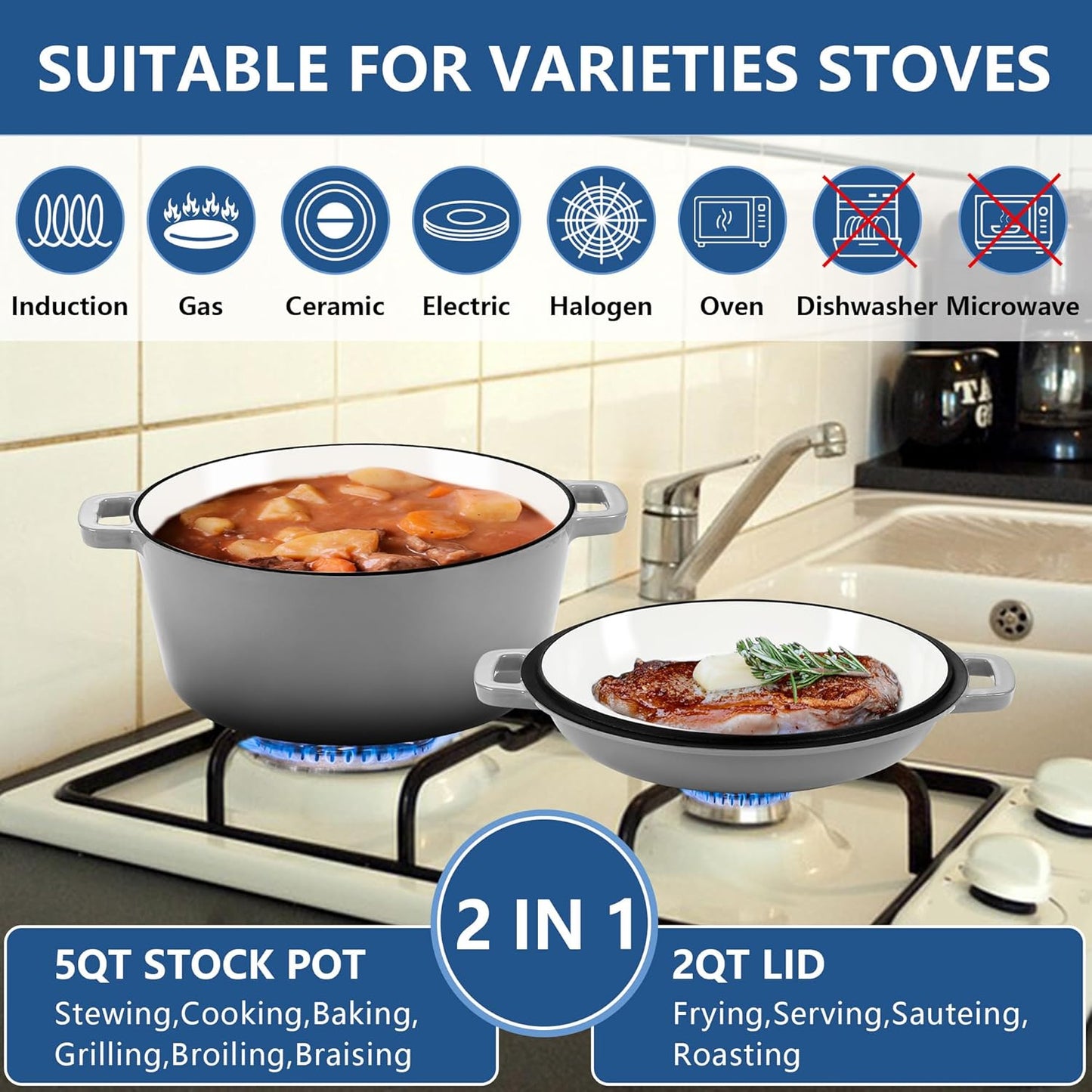 E-far 5 Quart Enameled Cast Iron Dutch Oven, 2 in 1 Dutch Oven Pot with Skillet Lid and Silicone Bread Sling, Ideal for Bread Baking, Cooking, Stewing, Frying, Induction & Oven Safe - Red