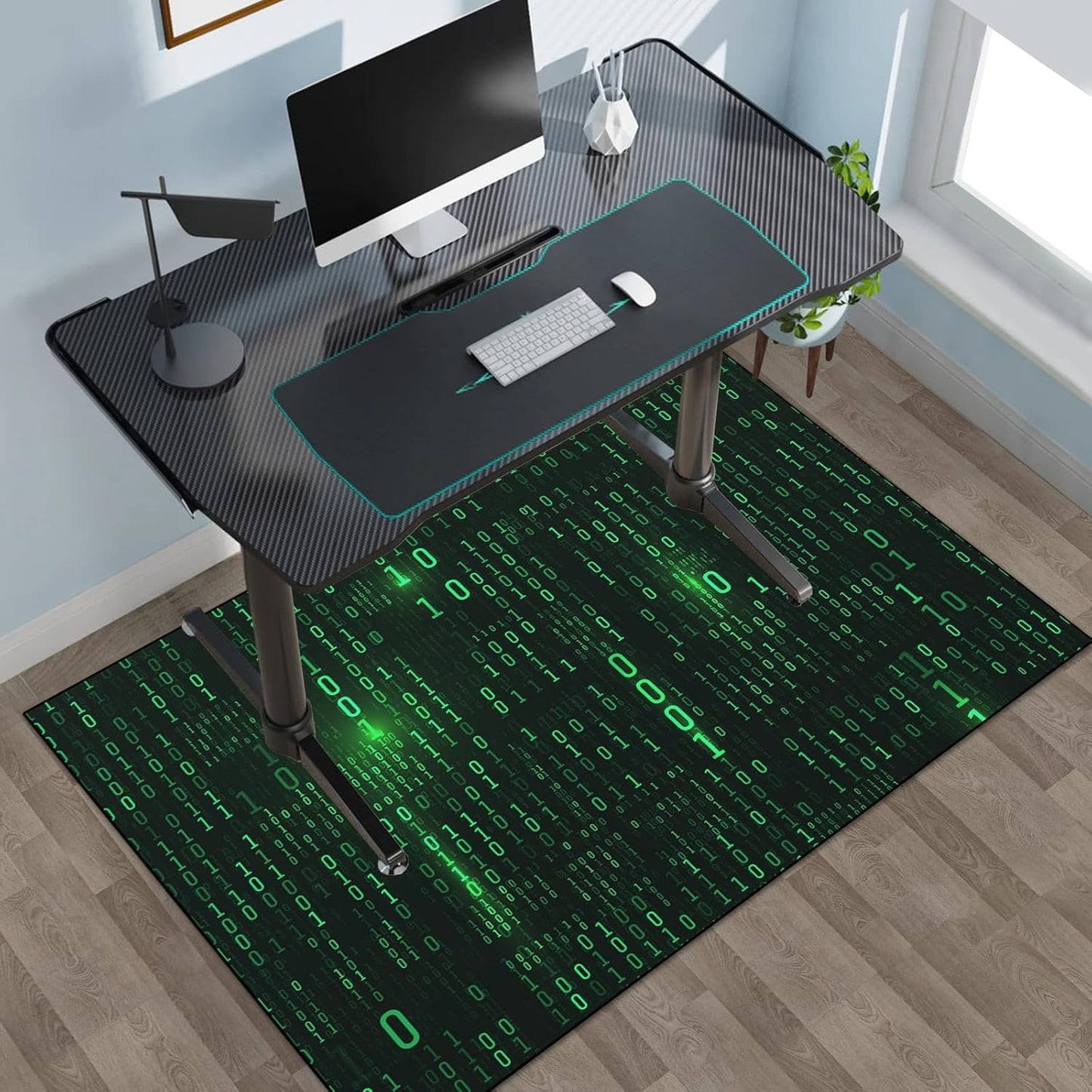 Washable Game Area Rug, Binary Code Design Gaming Programmer Teen Carpet Rug Doormat, Non-Slip Low-Pile Floor Carpet for Computer Bedroom Indoor Front Entrance Living Room Office (63" x 47")