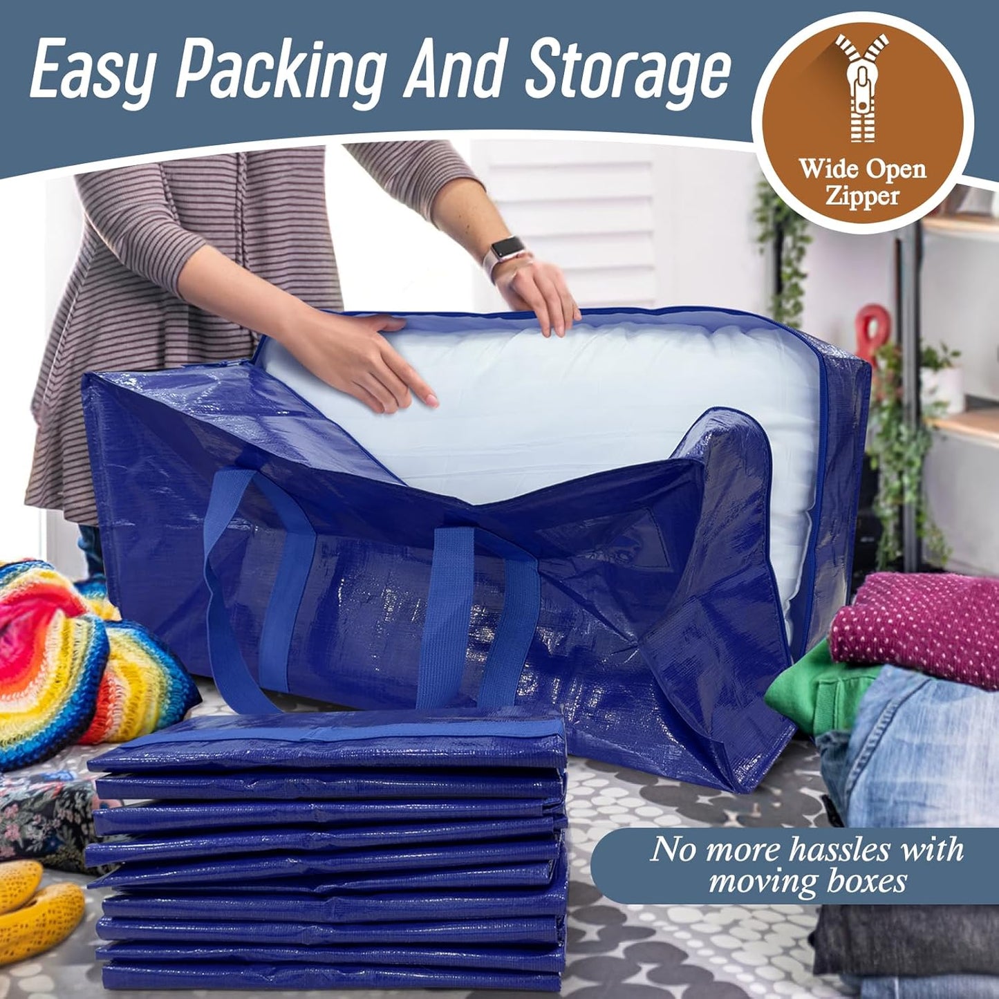 Skiennix Extra Heavy Duty Large Moving Bags - Strong Zipper & Comfortable Handles | 12 Pack, Blue