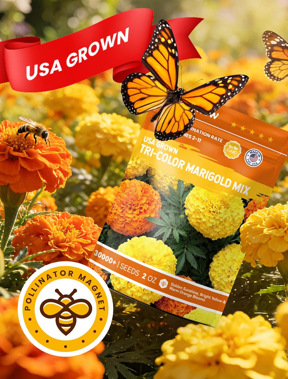 Tri-Color Marigold Seeds - 60,000+ Non-GMO Heirloom Flower Seeds for Quick Blooming Outdoors