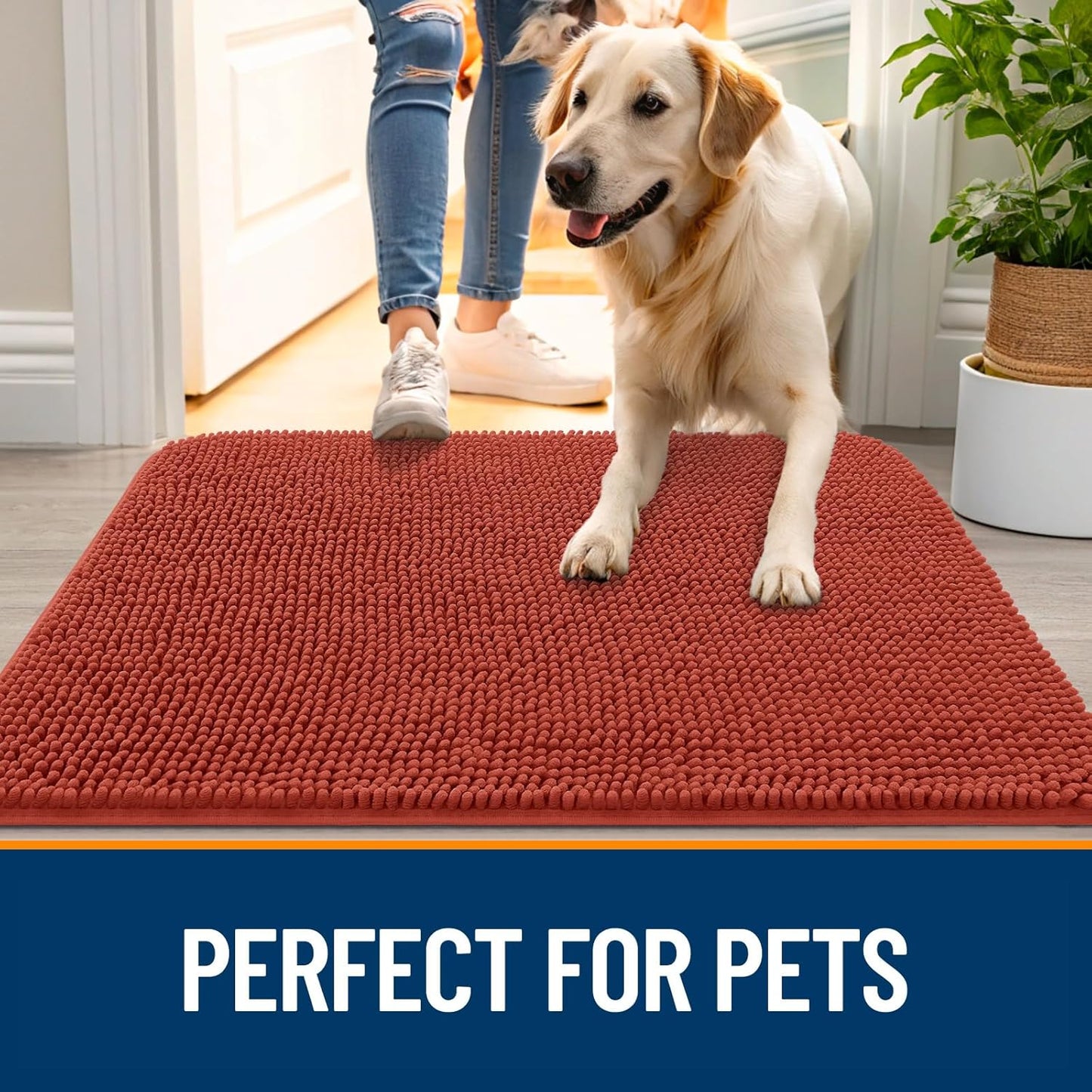 OLANLY Dog Door Mat - Absorbent Non-Slip Chenille Mat for Muddy Paws | 59x32, Quick Dry, Maple Red