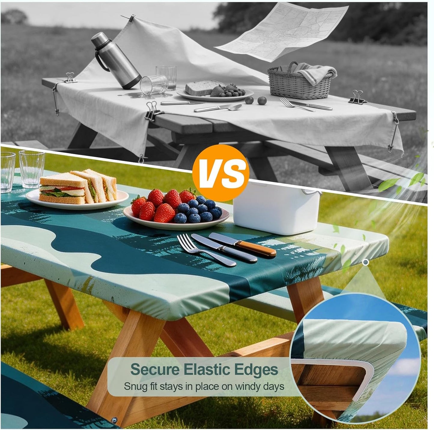 Picnic Table Cover - Waterproof & Windproof with Bench Covers | Fitted Rectangle 72in, Green Blue