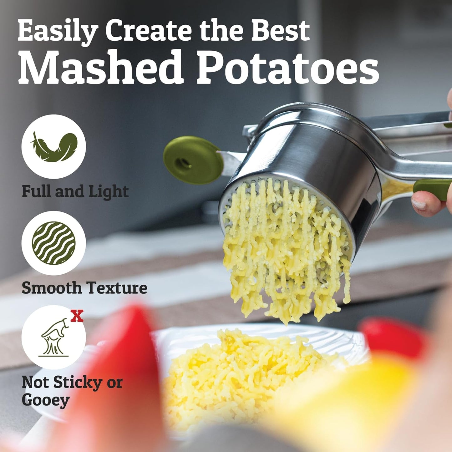 PriorityChef 15oz Potato Ricer - Heavy Duty Stainless Steel Masher with 3 Discs | Olive Green