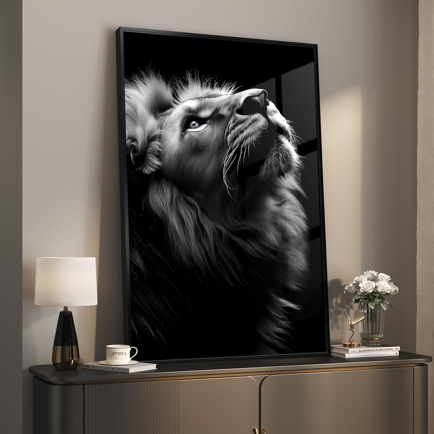 Skiennix Framed Black and Gray Modern Wall Art - Contemporary Lion Portrait Print | 24x36 In Minimalist Decor