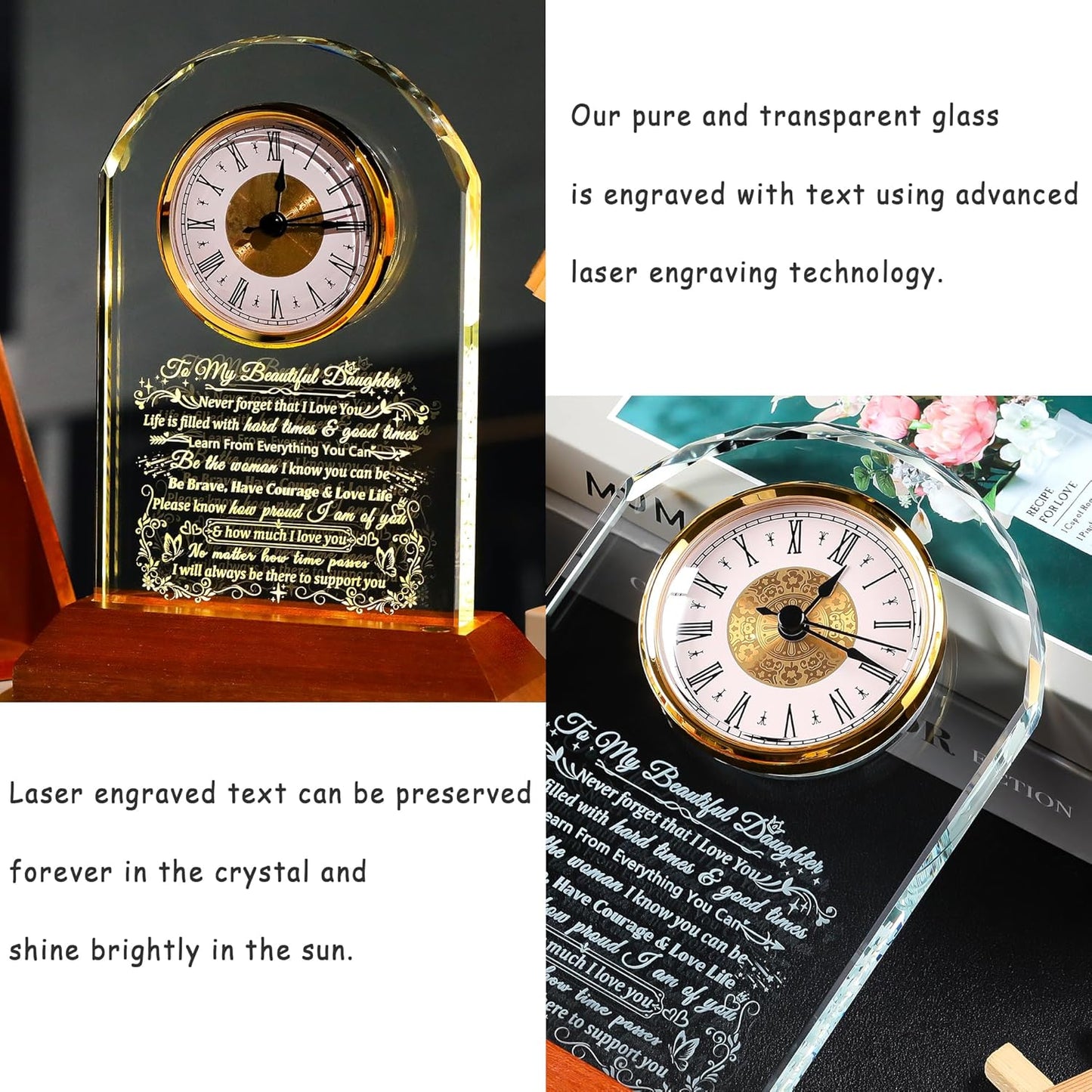Ornalrist Glass Clock for Daughter from Mom & Dad - Heartwarming Gift with Wooden Base | Perfect for Mother's Day & Birthdays