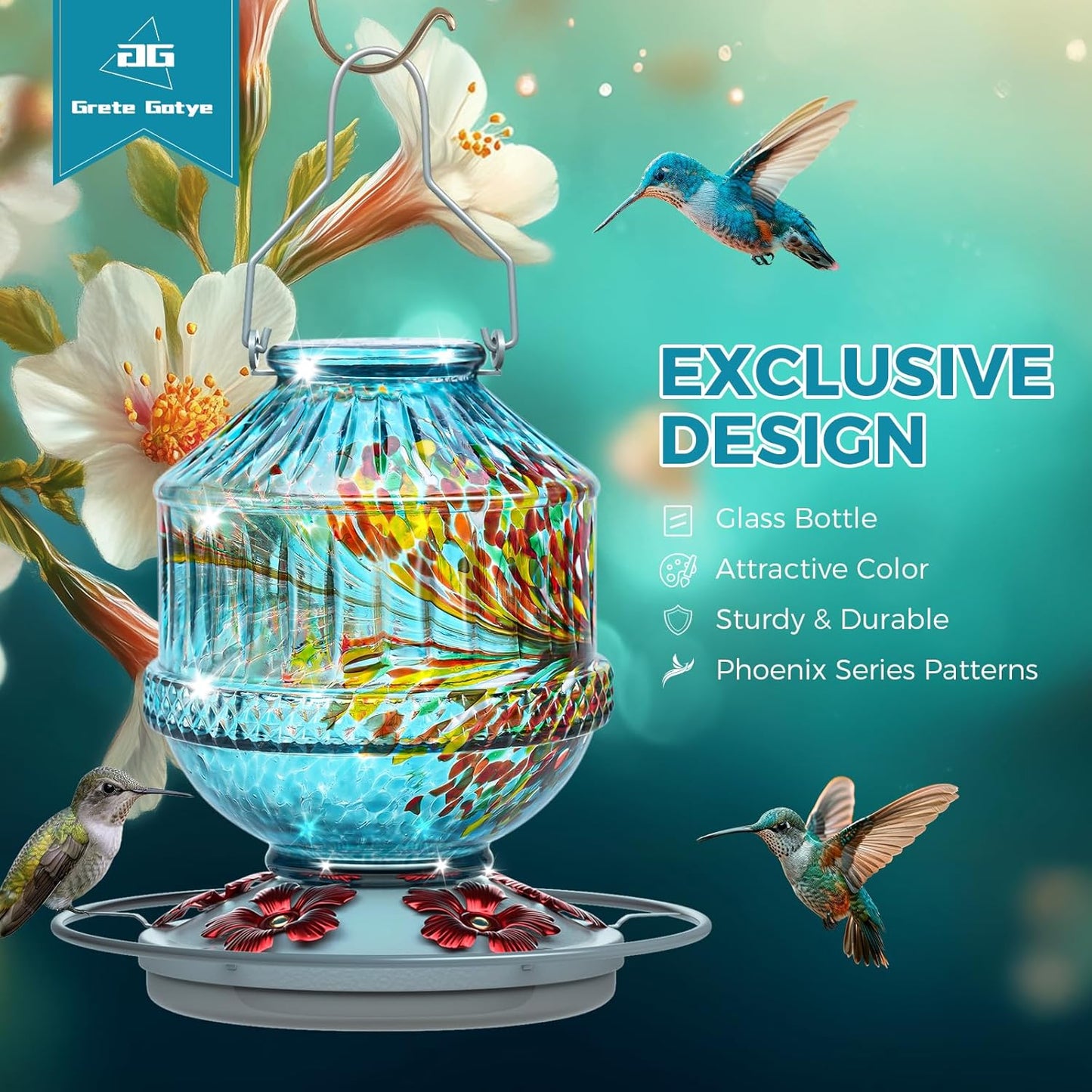 Skiennix Hand Blown Glass Hummingbird Feeder - 25 Ounce Leak-Proof Design with 5 Flower Ports | Blue Garden Decor