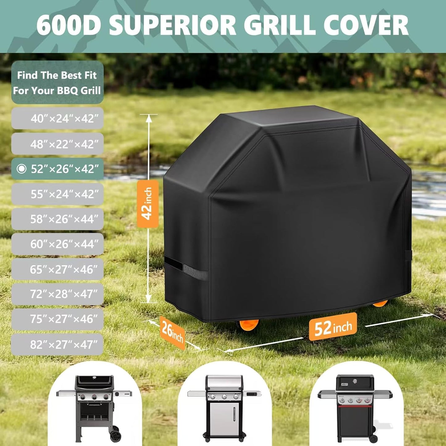 Weber Grill Cover 52 Inch - Heavy-Duty 600D Waterproof BBQ Cover for Spirit 300 & 400 Series