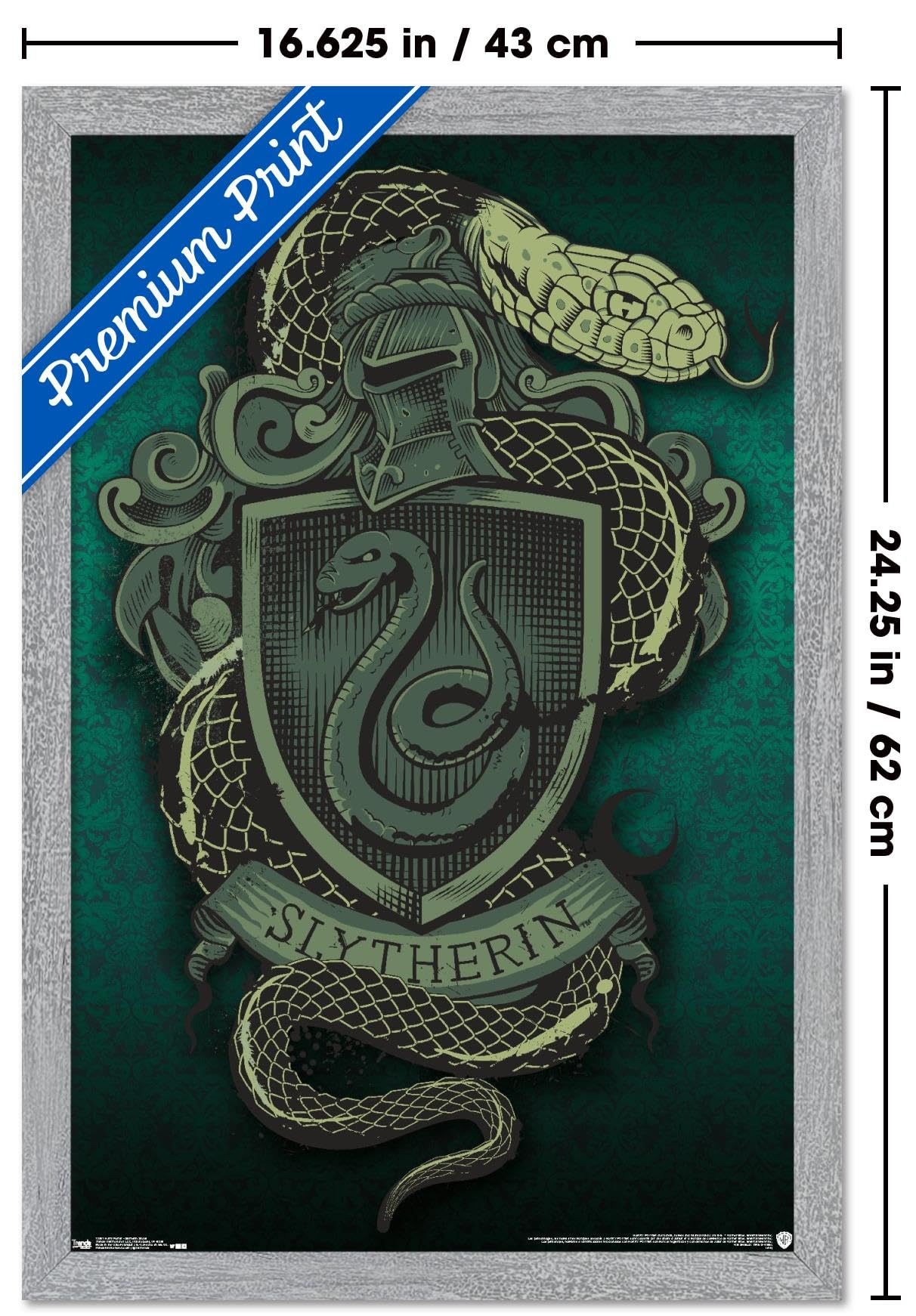 The Wizarding World: Harry Potter - Slytherin Snake Crest Wall Poster, 22.4L" x 14.7W", Gray Framed Version