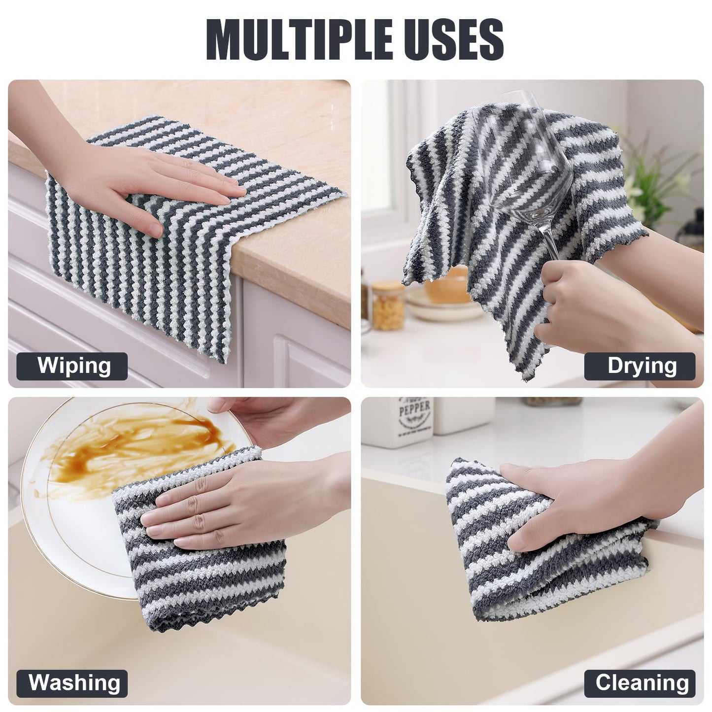 Homaxy 12 Pack Kitchen Dish Cloths, Ultra Soft and Absorbent Dish Towels, Reusable Fast Drying Microfiber Cleaning Cloth, Coral Velvet Wave Design No-lint, 10 x 10 inches, Dark Grey