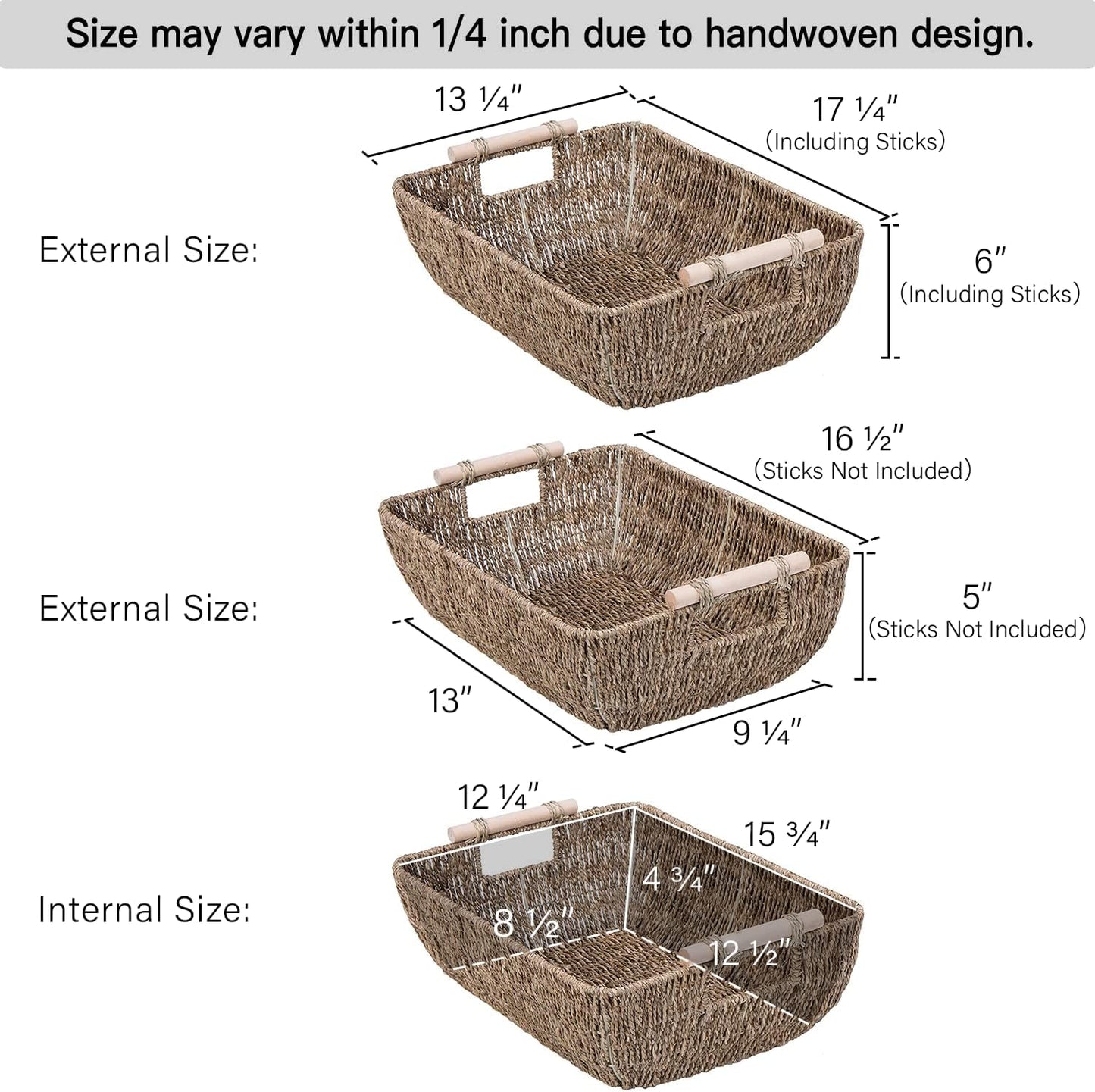 StorageWorks Jumbo Hand-Woven Seagrass Storage Baskets - 2-Pack with Wooden Handles for Organizing