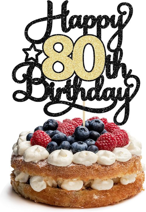 Happy 80th Birthday Cake Topper by [Brand Name] - Black Gold Glitter Decoration for 80th Anniversary Celebration