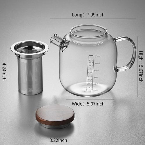 DOPUDO Glass Teapot With Stainless Steel Infuser 1200ml, Glass Tea Pot, Loose Leaf Tea Kettle, Glass Kettle Stovetop, Teapot With Strainer, Tea Infuser Pot Glass Teacup Tea Cups For Blooming Tea