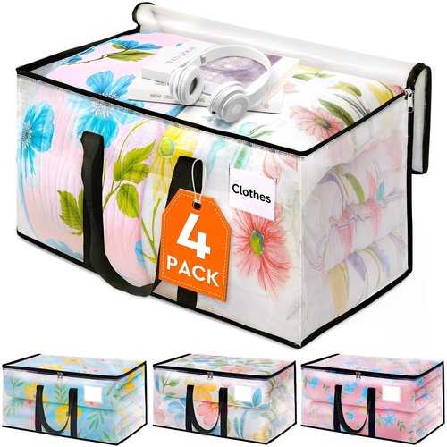 HomeHacks Clear Moving Bags Heavy Duty 4 Pack, Storage Bags with Zipper, Extra Reinforced Handles & Waterproof Packing Boxes for Moving, Camping, Home Organization 93L/24Gal (28.7"x14.2"x14")