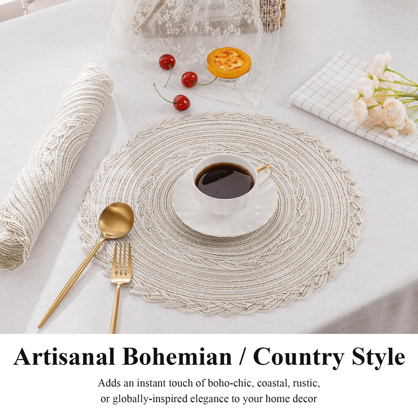 SHACOS 15 inch Round Braided Placemats Set of 12 for Dining Table Woven Boho Place Mats Kitchen Placemat Washable Table Mats, Ivory Bordered