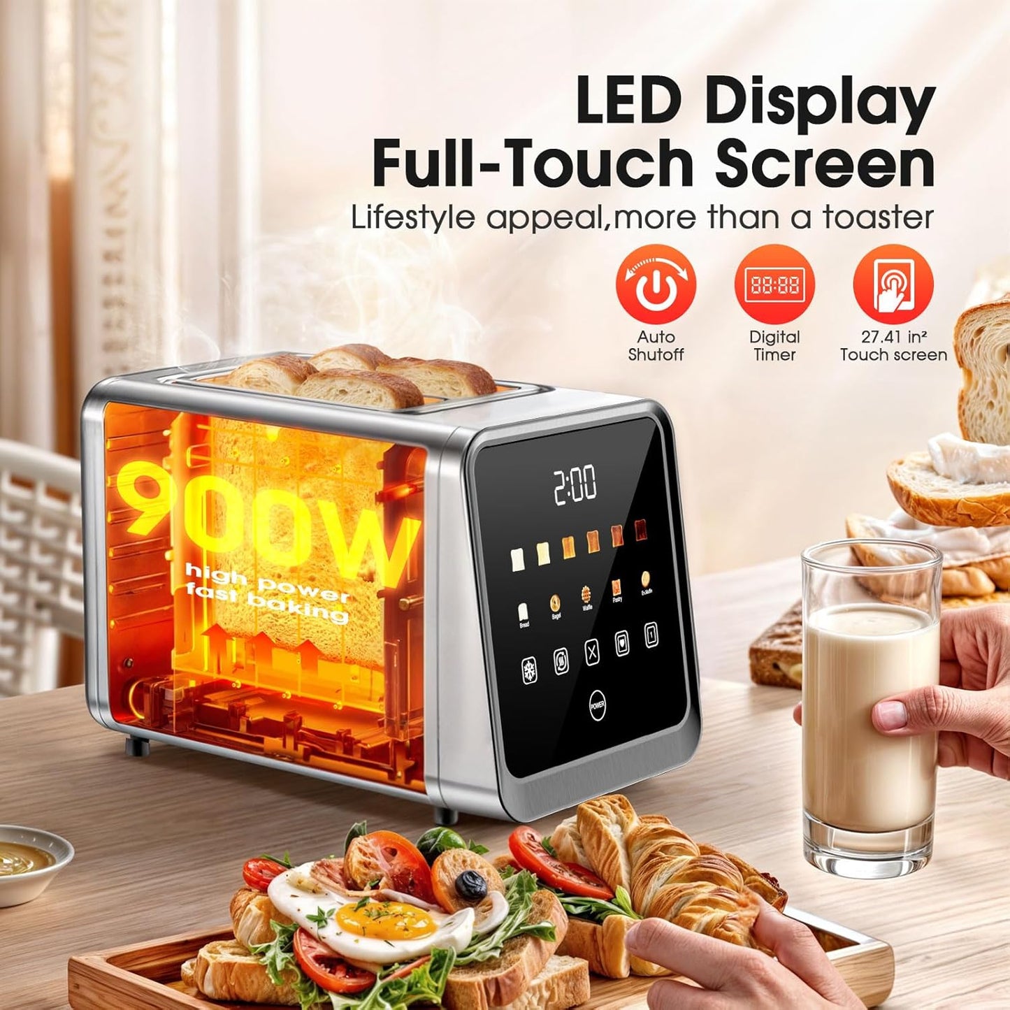 Smart Digital Touchscreen 2-Slice Toaster by [Brand Name] - Stainless Steel with Extra-Wide 1.5" Slots for Bagels & Artisan Bread | 900W Fast, Even Toasting