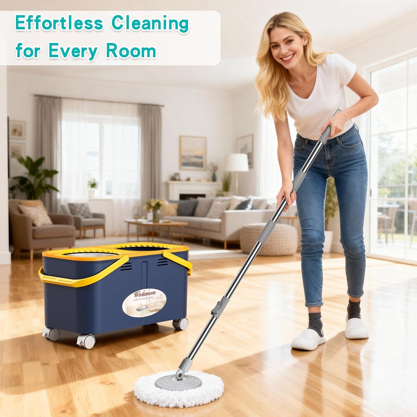 Skiennix Compact Spin Mop & Bucket - 360° Swivel Wheels, 61" Handle, 6 Reusable Mop Heads - Blue/Yellow
