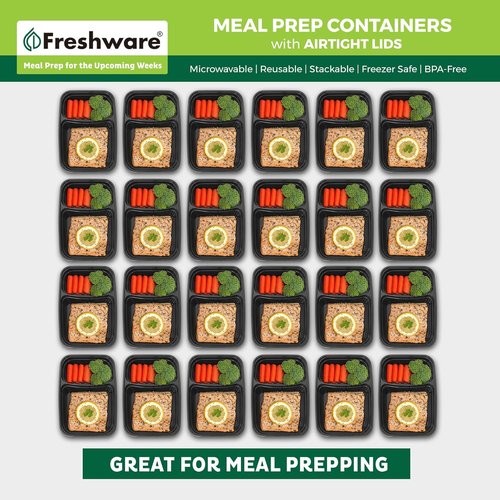 Freshware Meal Prep Containers - 50 Pack | 2-Compartment, BPA-Free, Stackable, Microwave & Freezer Safe (28 oz)