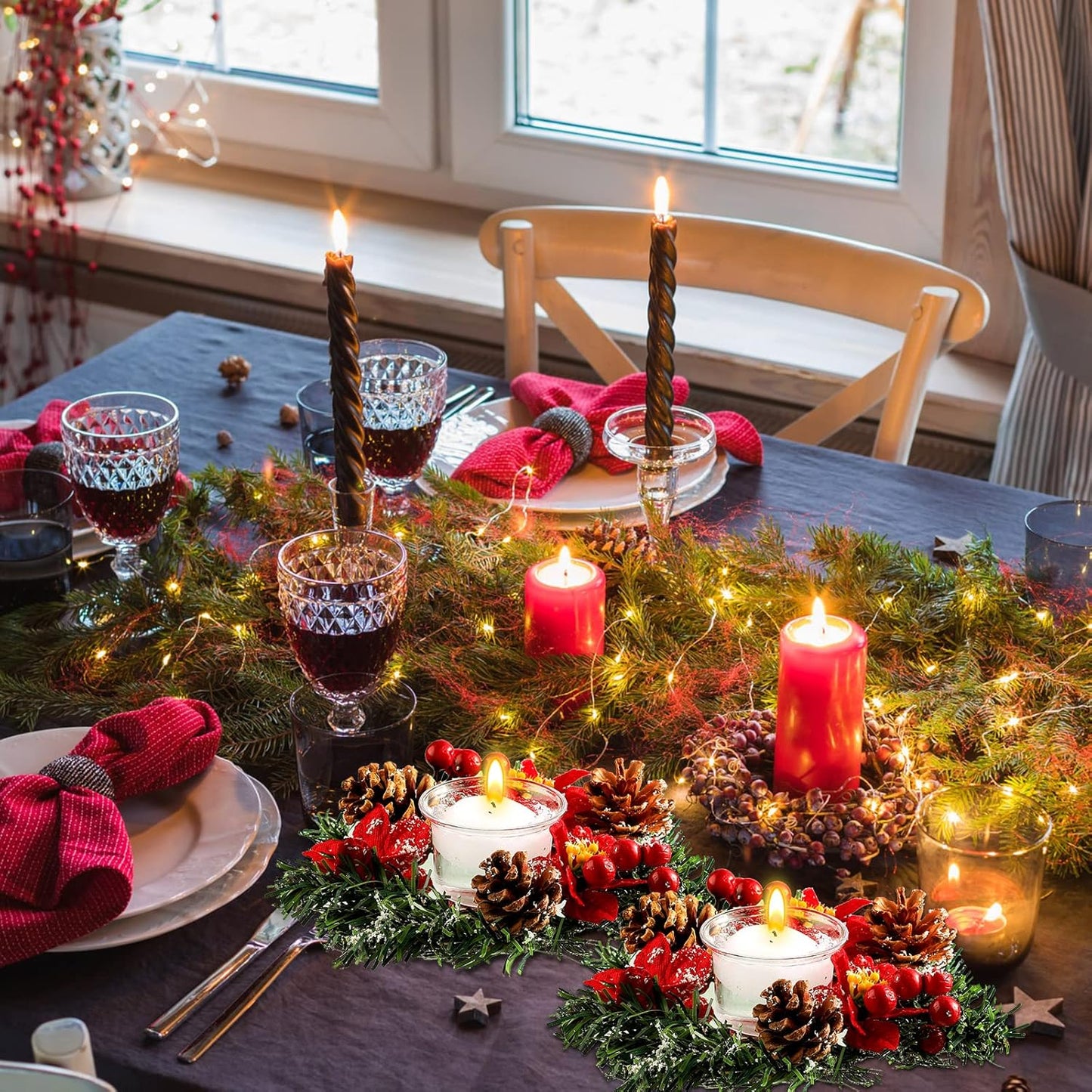 Regine Switzerland 8-Pack Christmas Poinsettia Candle Rings - Tealight Holders & Centerpiece Decor