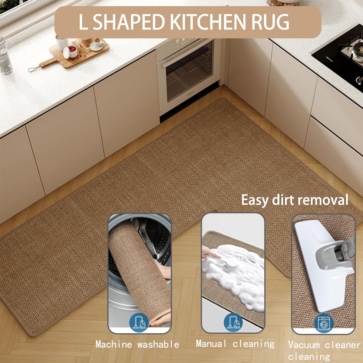 L Shaped Rug Corner Kitchen Rugs Non Slip Washable Mat, L-Shaped Rug Super Absorbent Corner Kitchen Mats Rubber Waterproof Corners Area Runner Kitchen Sink Floor Mat (Khaki Left-L, 31.5″X47.2″X17.7″)