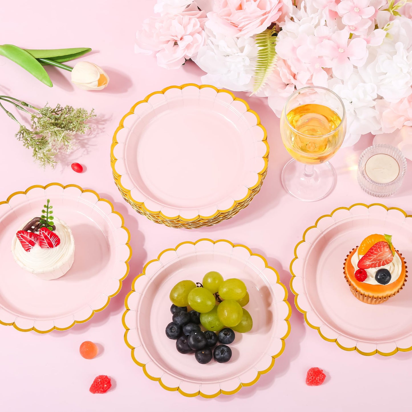 AimFun Pink Disposable Dessert Party Plates 7inch Gold Foil Scalloped Paper Plate for Valentines Day Bridal Baby Shower Wedding Tea Party Supplies
