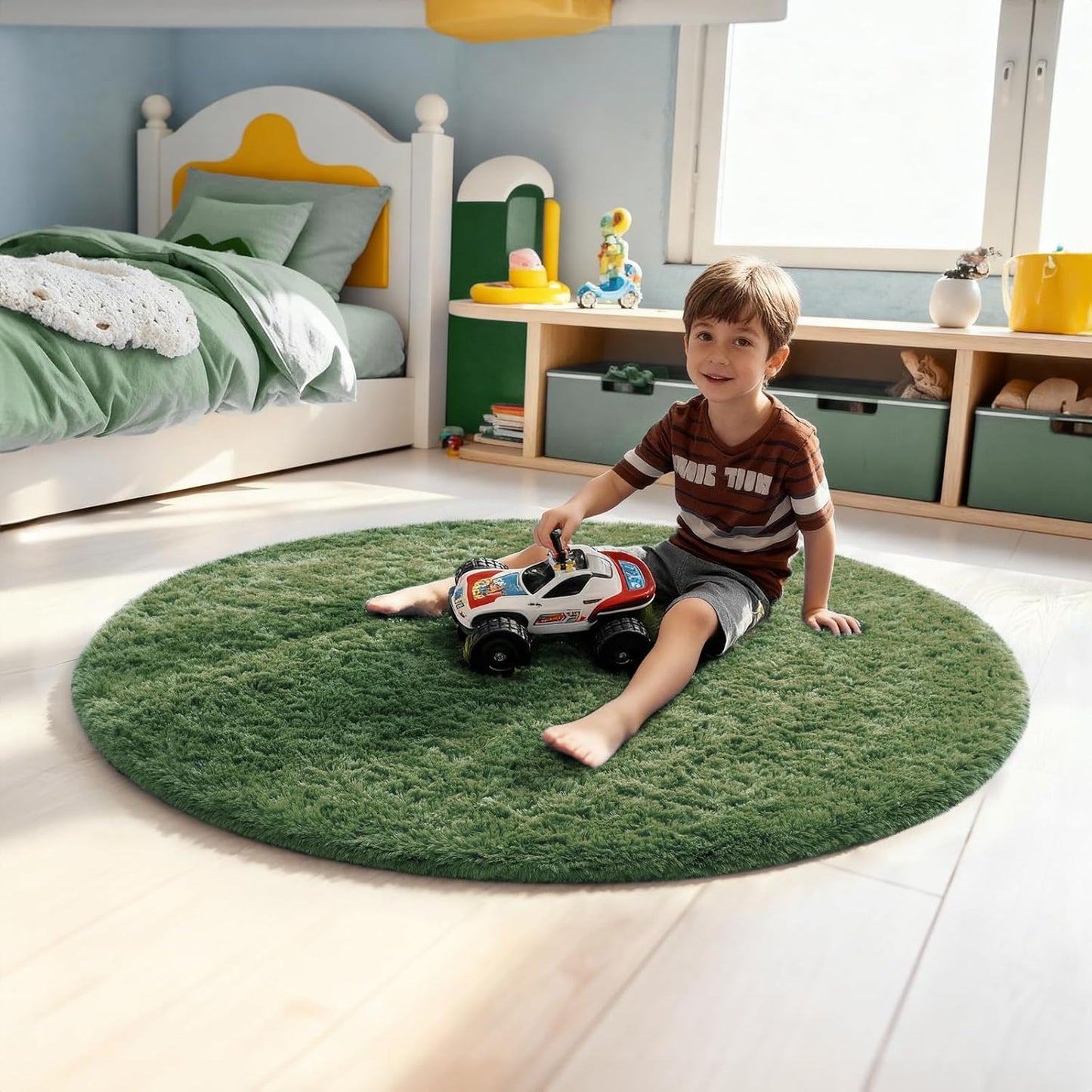 Ophanie Round Rug - 4Ft Grey Green Circle Area Rug | Plush Soft Shaggy Carpet for Kids' Rooms