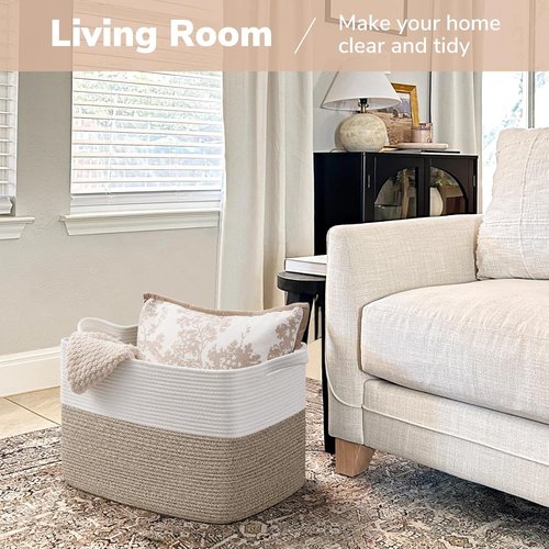 Goodpick Woven Baskets - 18" x 14" x 12" Rectangle Storage for Blankets & Toys | White & Brown Home Decor