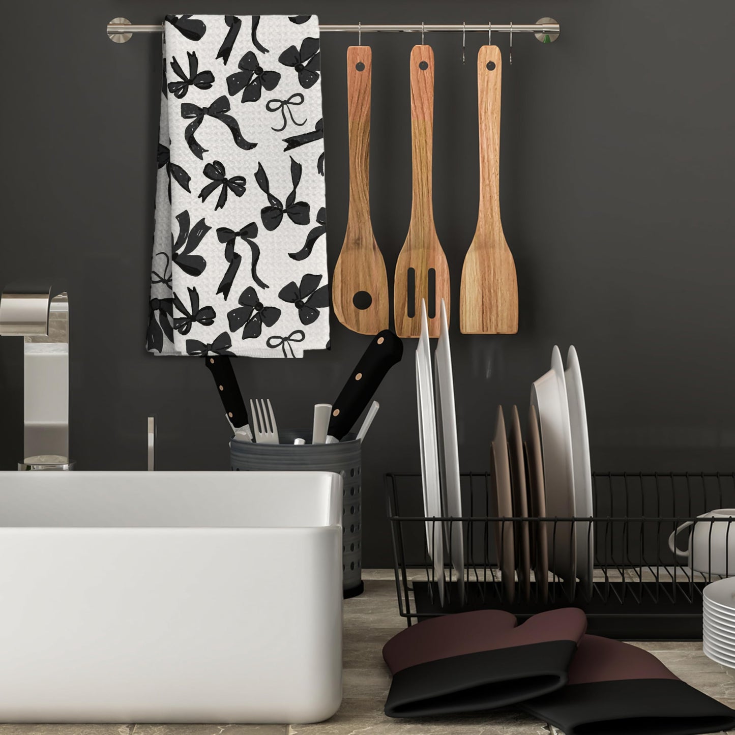 Nipil Coquette Black Bow Decorative Kitchen Towels, Preppy Black Bow Bathroom Decor, 16x24 Inches