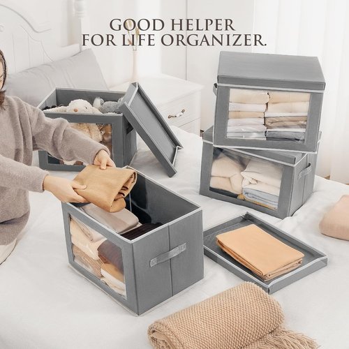 Homsorout Large Storage Bins - Collapsible Fabric Cubes with Lids for Clothes | 15.7 Inch, Grey, 6 Pack