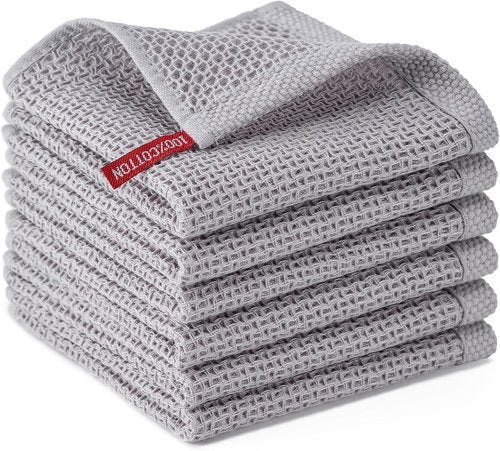 BOOMIBOO Kitchen Dish Cloths - 6-Pack Ultra Soft 100% Cotton Waffle Weave, Quick Drying | Light Grey, 12x12 Inches