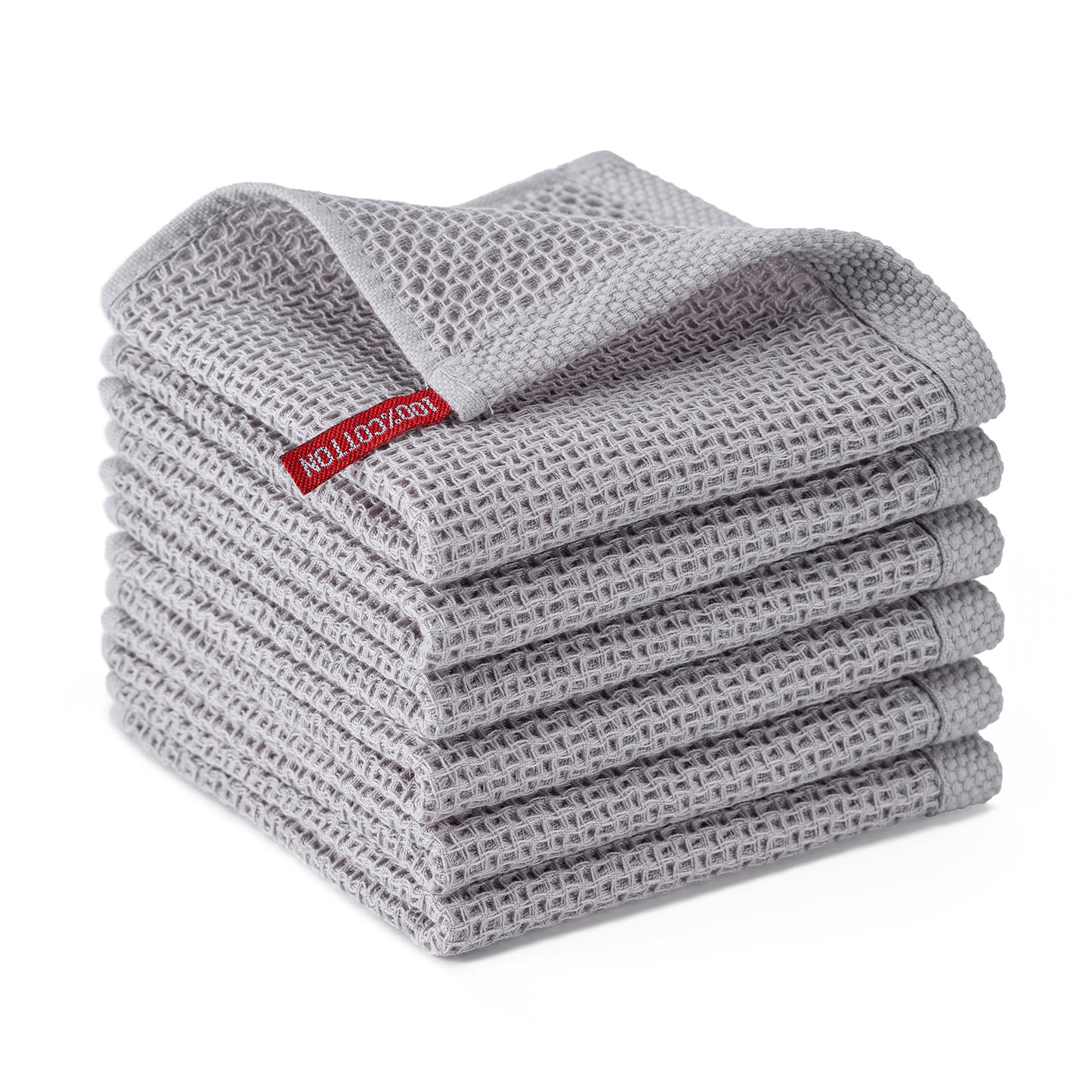 BOOMIBOO 6-Pack Kitchen Dish Cloths, 100% Cotton Waffle Weave, Ultra Soft Absorbent, Quick Drying Dish Towels, 12x12 Inches，Light Grey