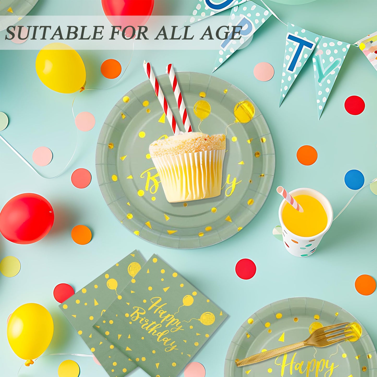 72PCS Happy Birthday Paper Plates - Sage Green and Gold Tableware Set Include 7Inch Paper Plates 6.5 Inch Napkins and 6.3 Inch Forks Disposable Decoration Supplies for Birthday Party,Serve 24