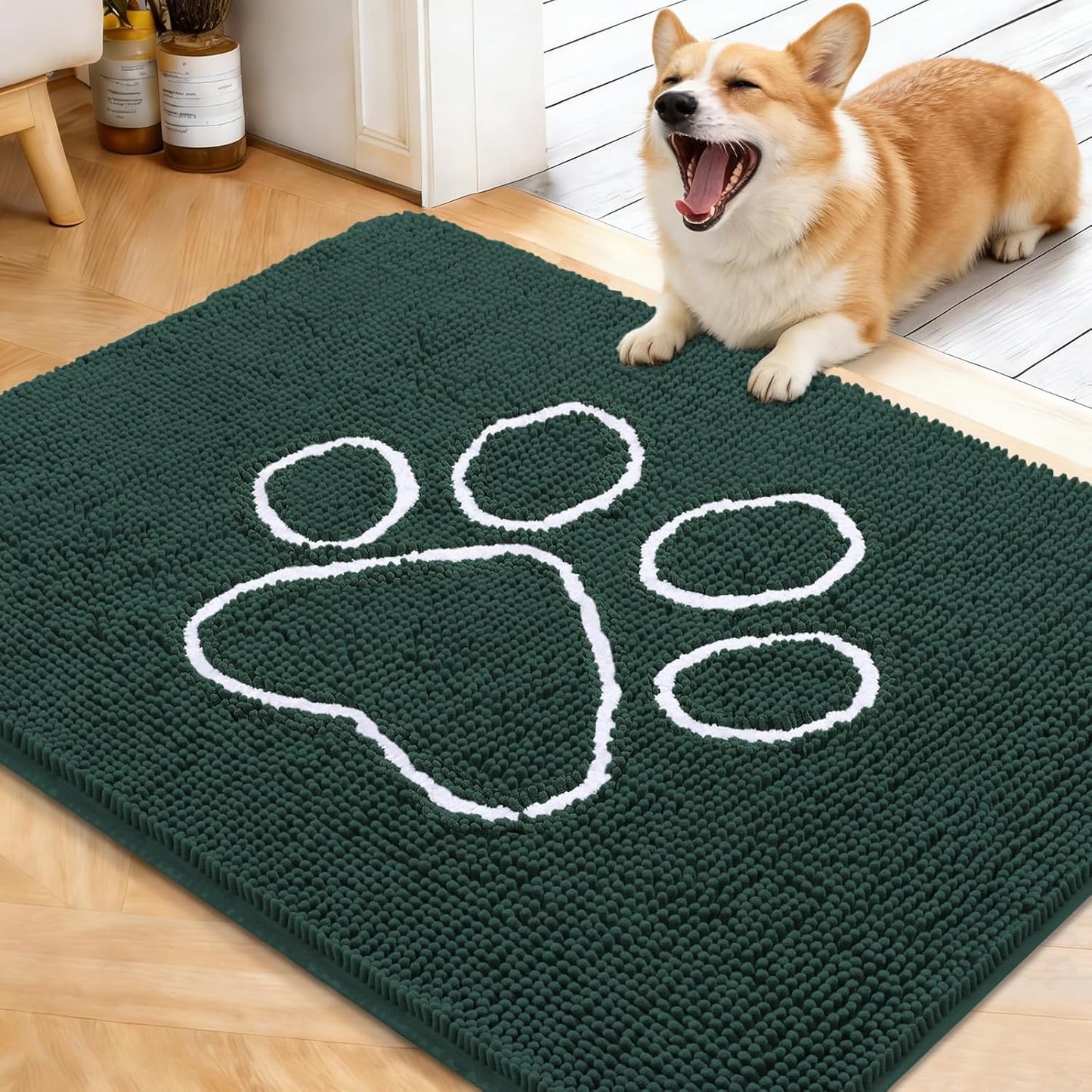OLANLY Dog Door Mat - Absorbent Non-Slip Mud Mat for Muddy Paws | 40x32, Blackish Green, Quick Dry Chenille