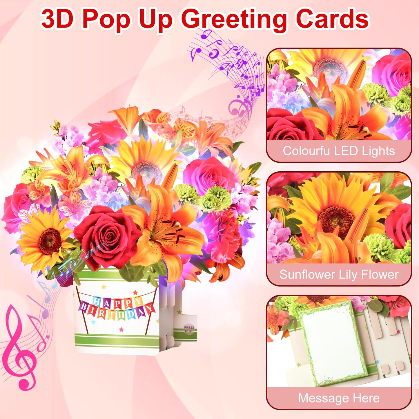 Yinqing Birthday Cards, 3D Popup Birthday Card for Women, Music and Light 10Inch Forever Sunflower Bouquet for Women Mom Wife Daughter Sister(Blank Notecard & Envelope)