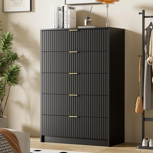 Furniway Black Dresser - Modern 5-Drawer Chest with Smooth Slides & Golden Handles | 15.7" D x 31.5" W x 47.2" H